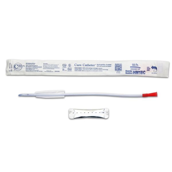 Cure Hydrophilic Catheter Coude Tip Male FG18 Box 30