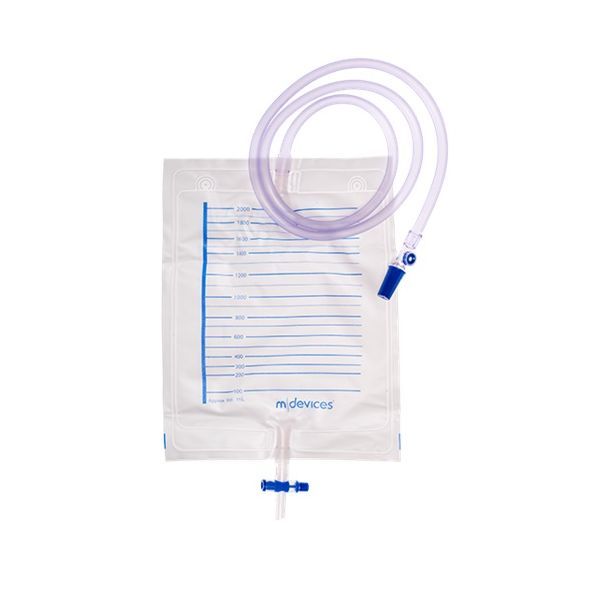 mDevices Urine Bag 2000mL T Tap Non Return Valve Sample Port 120cm clear tube