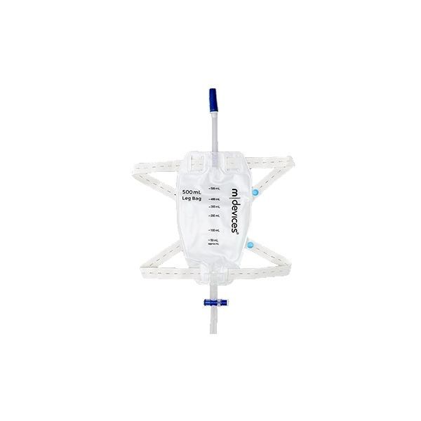mDevices Leg Bag 500ml T Tap Non Return Valve 10cm Short Tube Elastic Straps Box 100