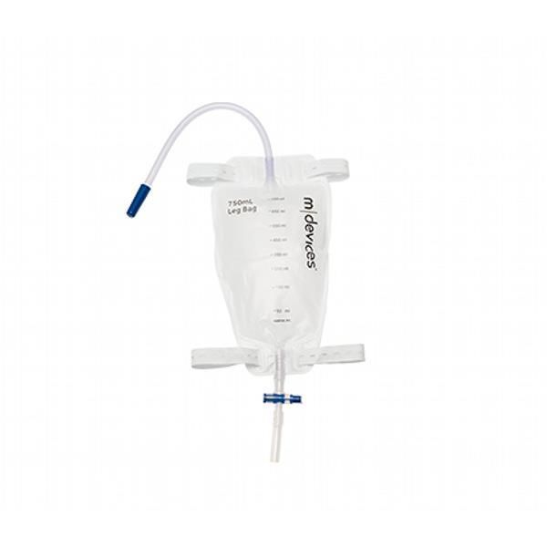 mDevices Leg Bag 750ml T Tap Non Return Valve 30cm Long Tube Elastic Straps